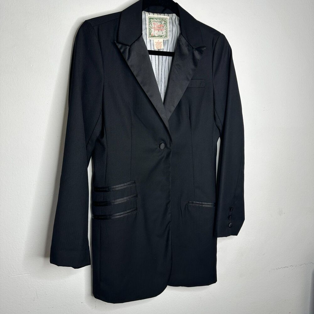Flying Tomato Black Long One-Button Tuxedo Blazer Satin Trim Lapel & Pockets M - Picture 2 of 12
